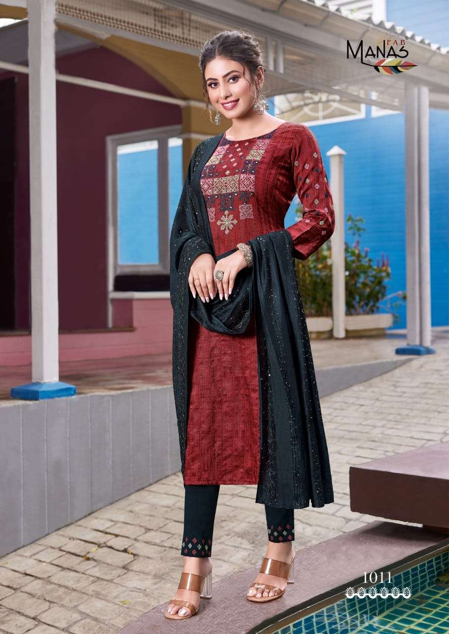 Manas Fab-  Sparkle Vol.2-Fabrics- Chinon Weaving-Embroidery-work-Kurti-Handwork-Full Inner-Rayon Slub Lycra-Pant-Chanderi Viscose-Crochet Work-Dupatta-1011